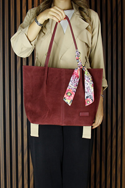 Erkan Saçmacı Burgundy Genuine Cowhide Suede Magnetic Closure Large Size Daily Shoulder Bag and Handbag with Strap