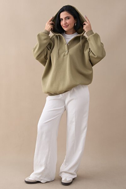 InStyle Çıtçıt Yaka Kapüşonlu Haki Sweat