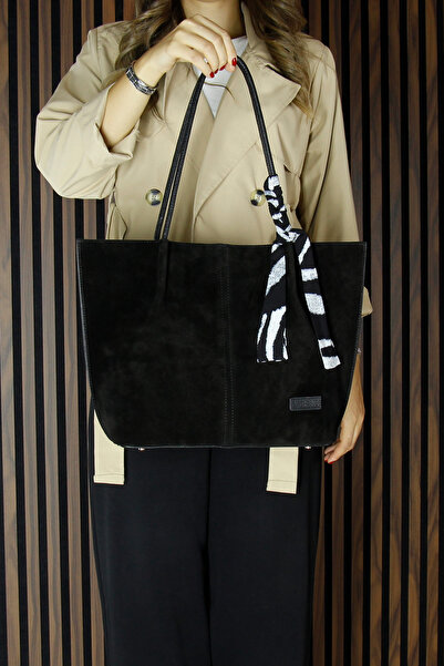 Erkan Saçmacı Black Genuine Cowhide Suede Magnetic Closure Large Size Daily Shoulder Bag and Handbag with Strap