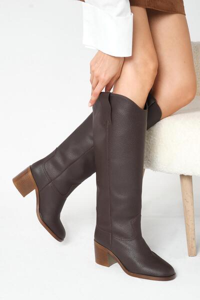 Mio Gusto Brown Genuine Leather Look Block Heeled Women's Long Zipperless Boots