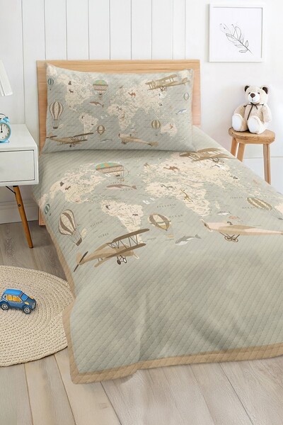 Realhomes World Map and Vintage Airplanes Patterned Beige Single Children's P...