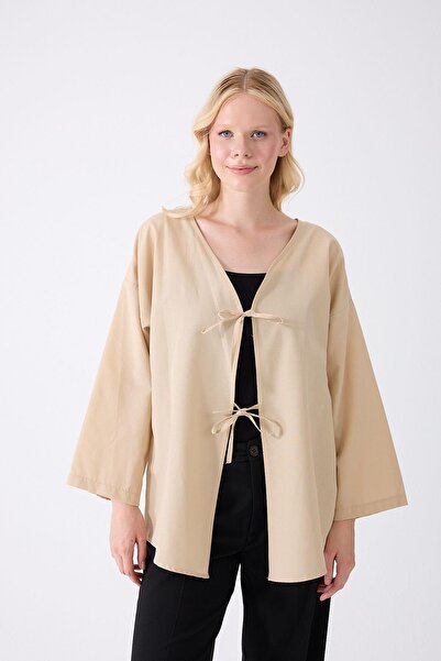 fumel women's clothing Cream Kimono Tunic Oversize with Front Bag