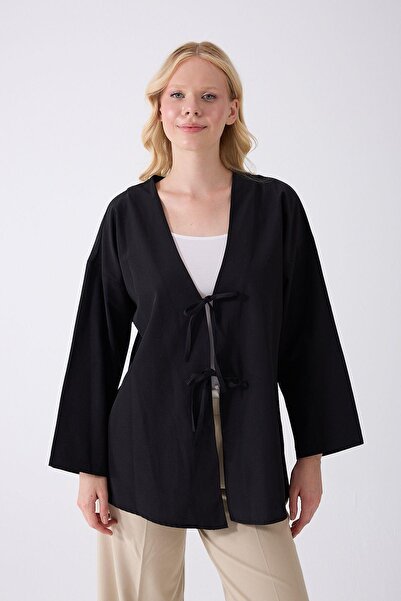 fumel women's clothing Tunica kimono neagra cu bagheta in fata