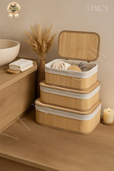 NEWNOW SoftLines Bambu Kapaklı Banyo ve Ev İçi Düzenleyici Kutular 3 lü Set