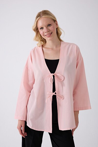 fumel women's clothing Tunica kimono roz cu cravată în față
