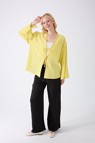 Fumel Women's Yellow Double Tie Slit Sleeve Kimono