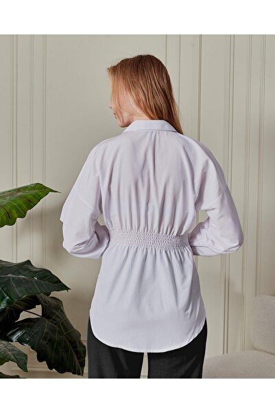 fumel women's clothing Women's White Pleated Back Gimped Waist Fitted Tunic