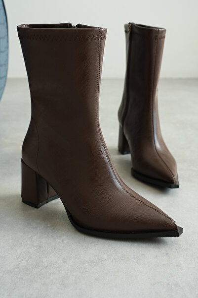 CİMİLİ SHOES Kadın Topuklu Bot Sivri Burun Yandan Fermuarlı Kalın Ökçe