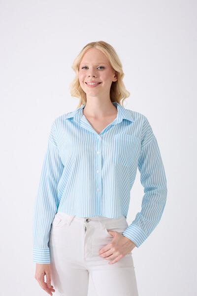 Fumel Cămașă scurtă cu dungi cu buzunar albastru