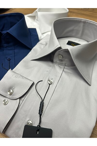 Chamis SlimFit Gümüş Gri Saten Polat Yaka Gömlek