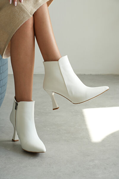 CİMİLİ SHOES Kadın Beyaz Cilt Kaymaz Tapan Topuklu Bot&bootie Sivri Burun Kadeh Ökçe Yandan Fermuarlı