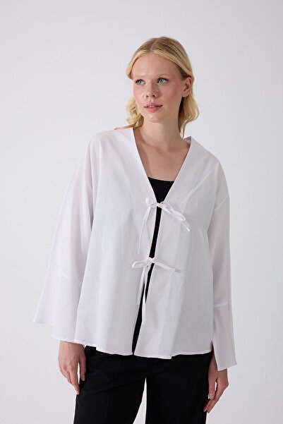 Fumel Women's White Double Tie Kimono