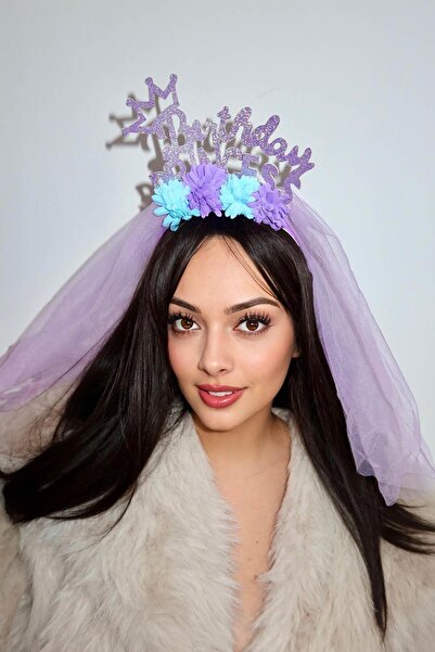 TAKIŞTIR Mor Renk Birthday Princess Yazılı Çiçek Figürlü Duvak Detaylı Taç
