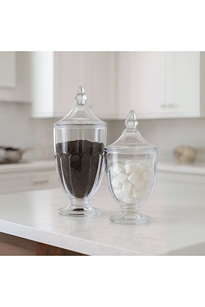FAIR HOME 2'li Kapaklı Cam Kavanoz Takımı - Tezgah Üstü Çay Şeker Kavanoz Seti - 900 ml - 690 ml