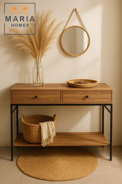 MARIA HOMES Modern Industrial Console Table with Storage Drawers – 120x35x40cm for Entryway or Living Room