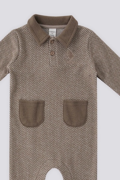 U.S. Polo Assn. U.S. Polo Assn Beige Buttoned Collar Baby Jumpsuit with Front Pocket