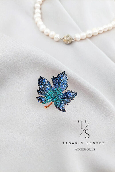 Tasarım Sentezi Broş Metal Rozet Yaprak Taşlı Mavi Yaka Kıyafet Şapka Takı Ak...
