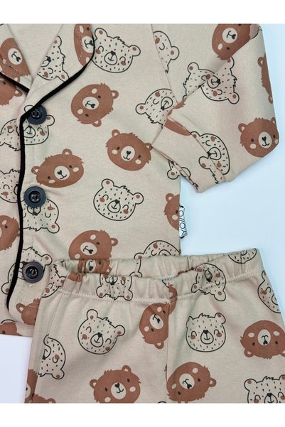 Yollo Kids Baby Pajama Set Teddy Bear Patterned Double Breasted Collar Buttoned Long Sleeve Top Long Bottom
