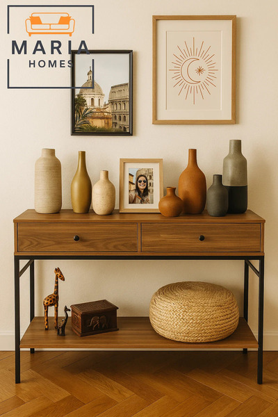 MARIA HOMES Modern Industrial Console Table with Storage Drawers – 120x35x40cm for Entryway or Living Room