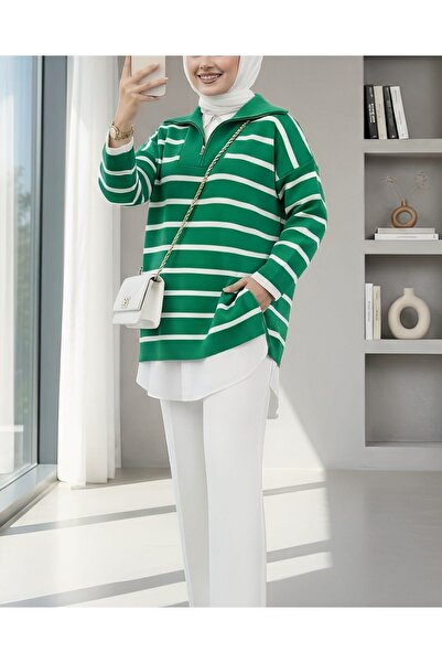 Modamorfo Σμαραγδένιο πλεκτό τουνίκ με μισό λαιμό