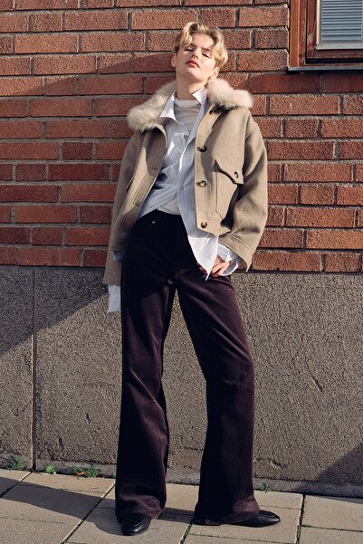 H&M Kabarık Tüylü Yakalı Gabardin Ceket