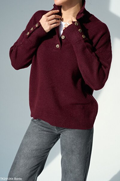 NATUFIAN STORE Women's Oversized Soft Knitwear Sweater with Buttoned Sleeves and Collar