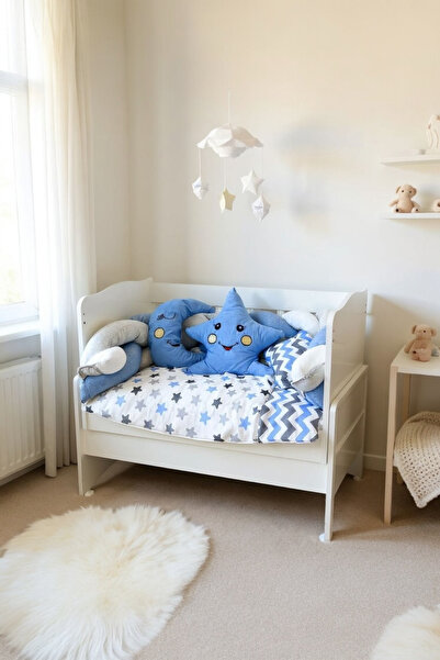 Aktehome Braided Baby Crib Edge Protection with Crescent and Star 6 Pieces Blue - White 50X100 Crib Set
