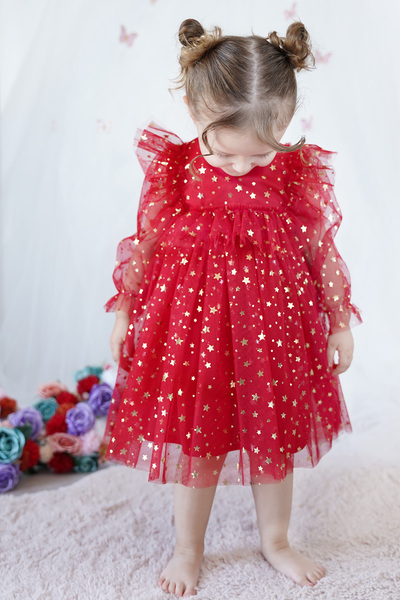 ALYRA Baby Girl Dress Long Sleeve Tulle Tutu Starry Birthday Special Day Party Wedding Girl Kids Dress