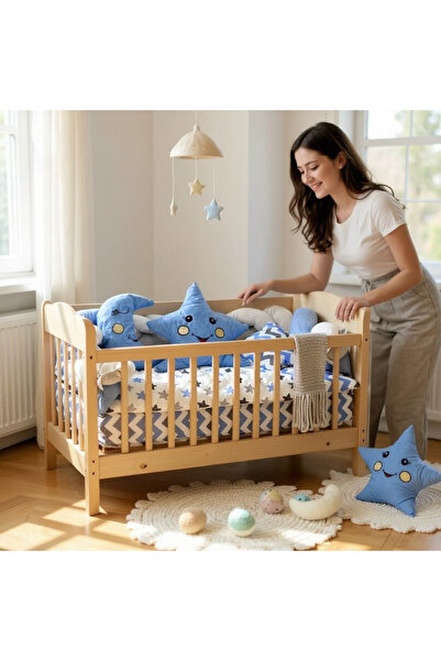 Aktehome Braided Baby Crib Edge Protection with Crescent and Star 6 Pieces Blue - White 50X100 Crib Set