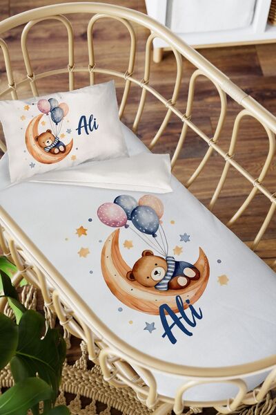 Homamia isme Özel Anne Yanı 60x100 Beşik Uyku Nevresim Takımı Balonlu Ayı