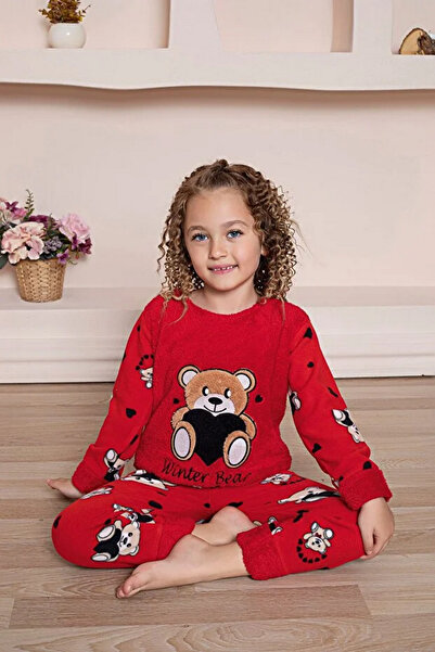 Reyhanlar Very Sweet Winter Sleep Red Teddy Bear Applique Embroidered Eye Patch Girl's Plush Fleece Pajama Set