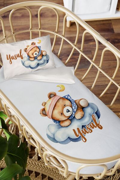 Homamia isme Özel Anne Yanı 60x100 Beşik Uyku Nevresim Takımı Şapkalı Uyuyan Ayı