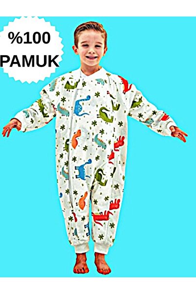 Happystore Elyafsız Organik Kışlık Uzun Kol Çift Kat %100 Pamuk Pazen Dinozorlu Cocuk Bebek Uyku Tulumu