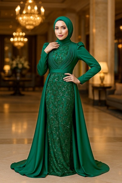 Neva Style Pul Işlemeli Yeşil Tesettür Abiye Elbise 23082y