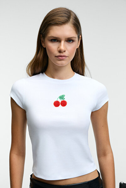 GRIMELANGE ZEFIRA Γυναικείο λαιμόκοψη με κοντό μανίκι μπροστά με λεπτομέρεια με χάντρες λεπτό λευκό μπλουζάκι