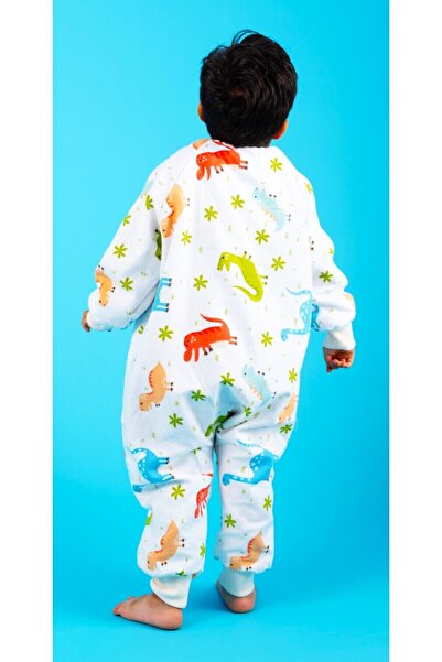 Happystore Elyafsız Organik Kışlık Uzun Kol Çift Kat %100 Pamuk Pazen Dinozorlu Cocuk Bebek Uyku Tulumu
