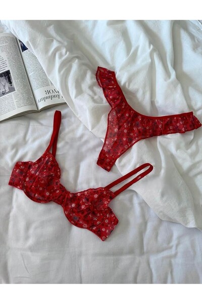 Fanwet Women's Floral Pattern Underwire Tulle Fantasy Thong Panty Bra Set