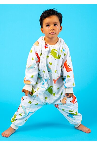 Happystore Elyafsız Organik Kışlık Uzun Kol Çift Kat %100 Pamuk Pazen Dinozorlu Cocuk Bebek Uyku Tulumu