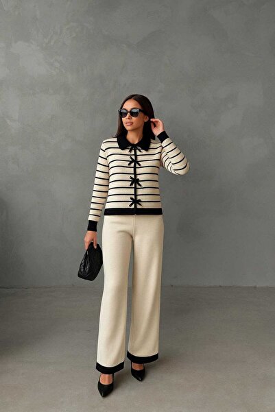 MAY MARA Women's Striped Cardigan and Pants 2-Piece Knitwear Set
