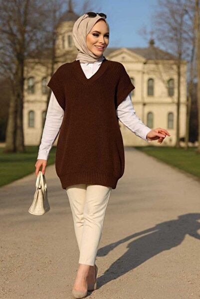 Neva Style Kahverengi Tesettür Triko Süveter 4786kh