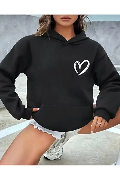 FUFLUNS سويت شيرت بقلنسوة كبير الحجم مطبوع على شكل قلب للجنسين