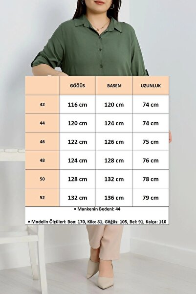 FOR ESRA BIG TREND Жіноча сорочка HAKİ великого розміру, однотонна, з рукавами та боковими складками, з віскозної тканини