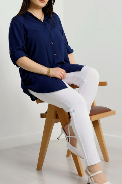 FOR ESRA BIG TREND Cămașă din viscoză țesătă cu mâneci și pliuri laterale pentru femei de mărime mare