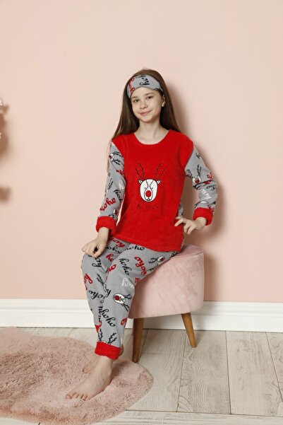 Pemilo Kız Çocuk 2058 Geyik Desenli Polar Pijama Takım KIRMIZI
