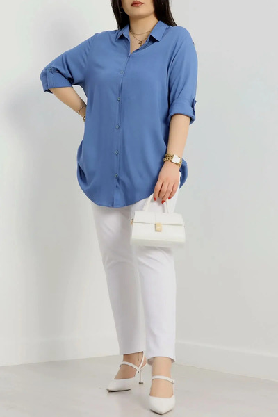 FOR ESRA BIG TREND Cămașă din viscoză țesătă cu mâneci și pliuri laterale pentru femei de mărime mare