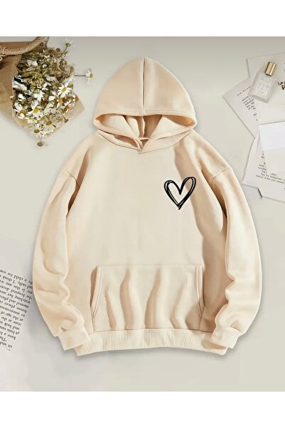 FUFLUNS سويت شيرت كبير الحجم مطبوع عليه قلب صغير