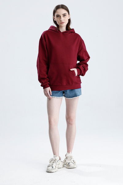 Sofist İstanbul Burgundy Relaxed Fit Unisex Hoodie 100% Cotton Hooded Kangaroo Pocket Solid Color Sweatshirt