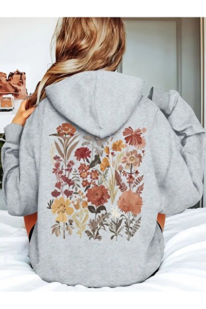 FUFLUNS سويت شيرت كبير الحجم مطبوع عليه زهور من الأمام والخلف
