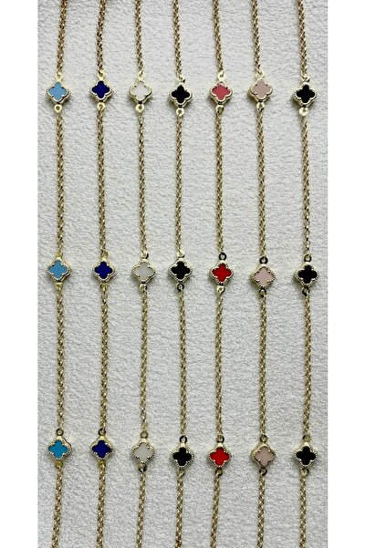 Side Gold Kuyumculuk 14 Ayar Sarı Altın 3 Yoncalı Bileklik (Siyah, Beyaz, Yeşil, Pembe, Kırmızı, Lacivert, Turkuaz)