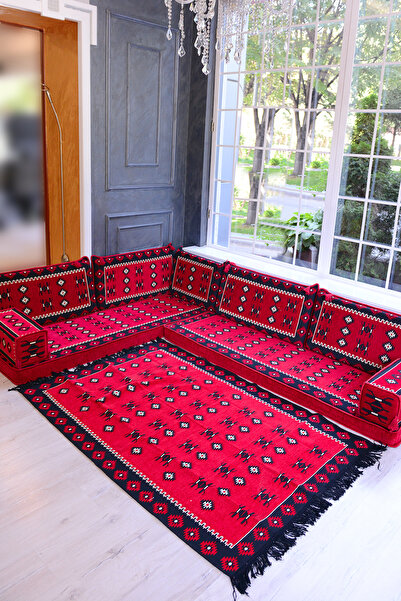 BAKIRÖZÜ HOME Şark Köşesi Takımı Kırmızı Yemen Modeli Koltuk Takımı Sünger Dahil 10 Parça